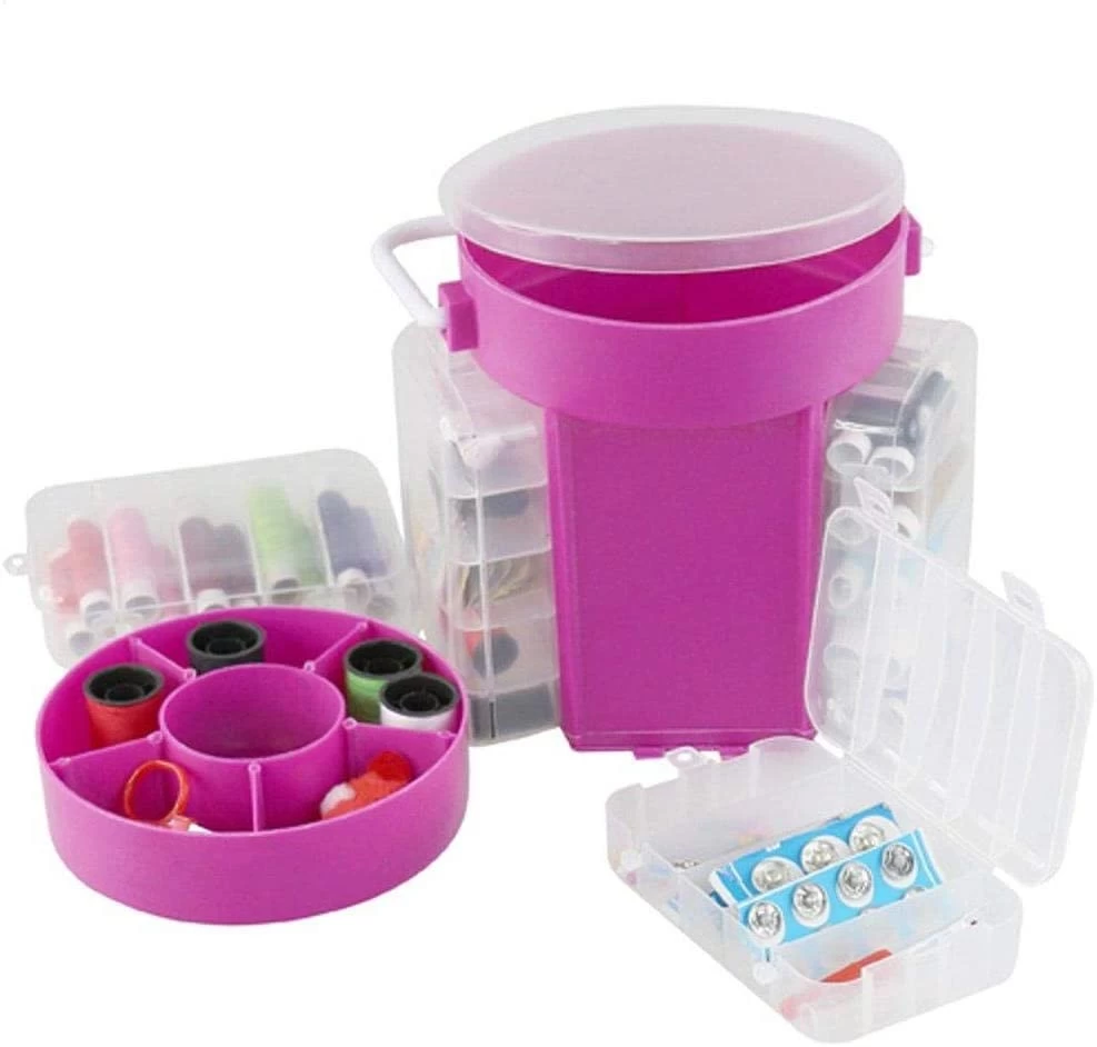 صندوق منظم ادوات الخياطة بلاستيك، 210 قطعة - فوشيا و شفاف